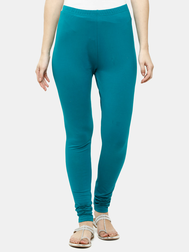 De Moza Ladies Churidar Leggings Solid Cotton Peacock Green - De Moza