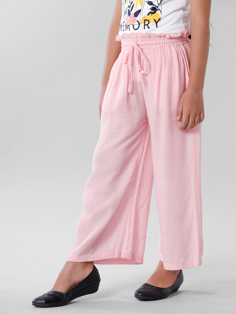 De Moza Girls Paper Bag Palazzo Solid Cotton Dusty Pink - De Moza