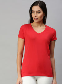 De Moza Womens Half Sleeve Knit Top Solid Cotton Red - De Moza