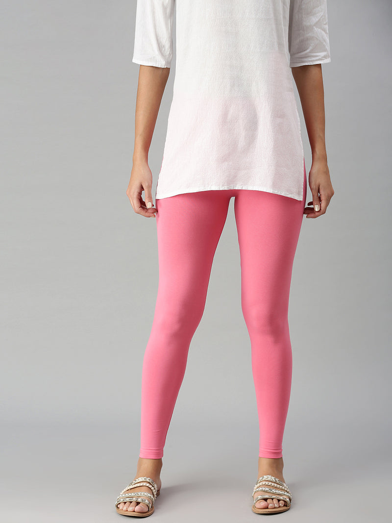 De Moza Ladies Ankle Length Leggings Solid Cotton Rani Pink - De Moza