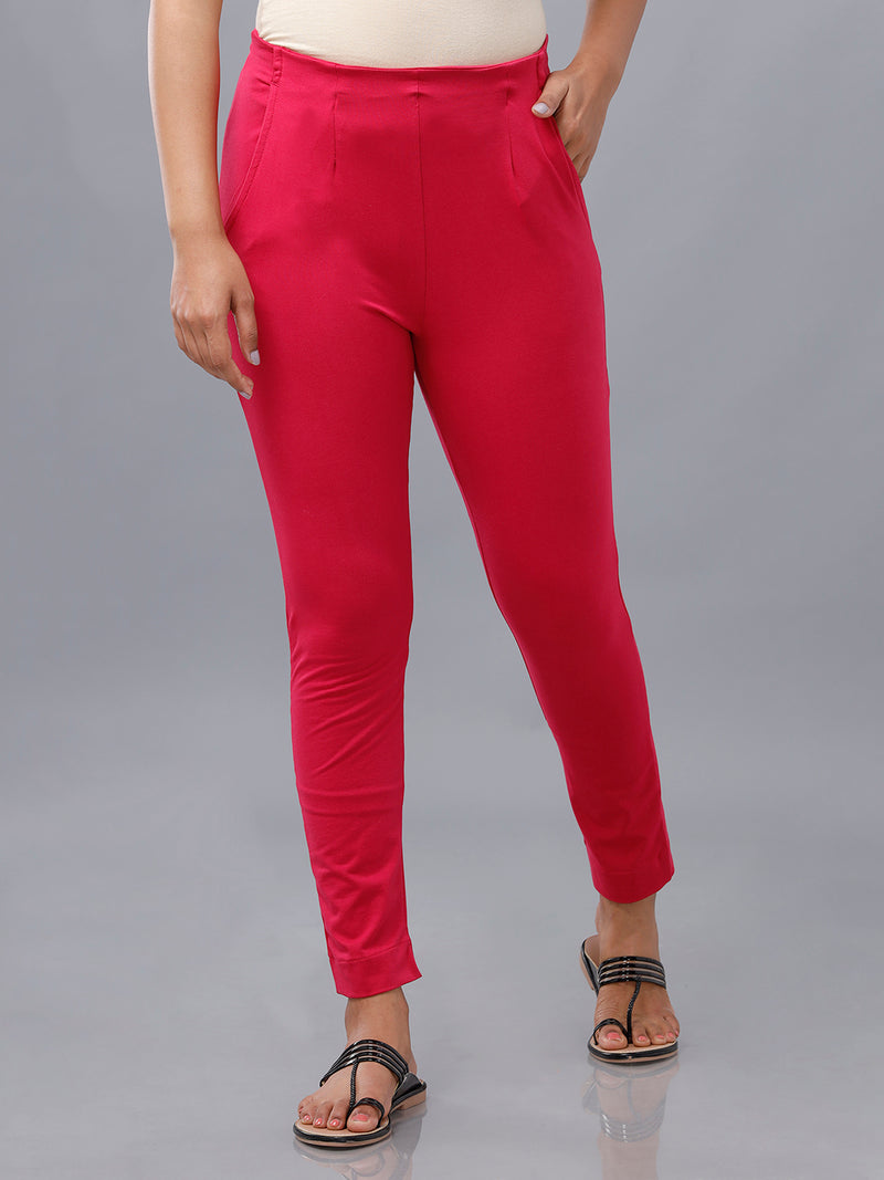 De Moza Womens Cigarette Pant Solid Cotton Fuchsia - De Moza