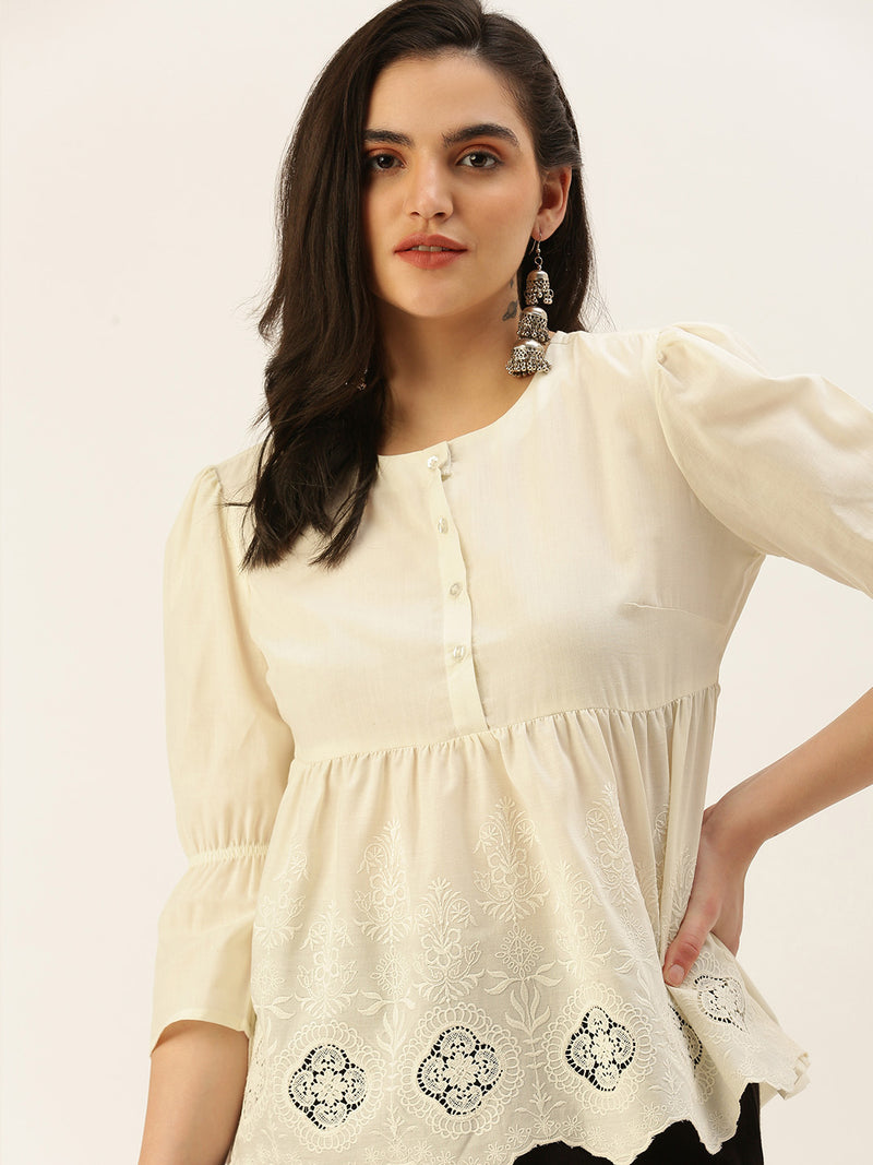 De Moza Women Sciffly Top Embroidery Cotton Offwhite - De Moza