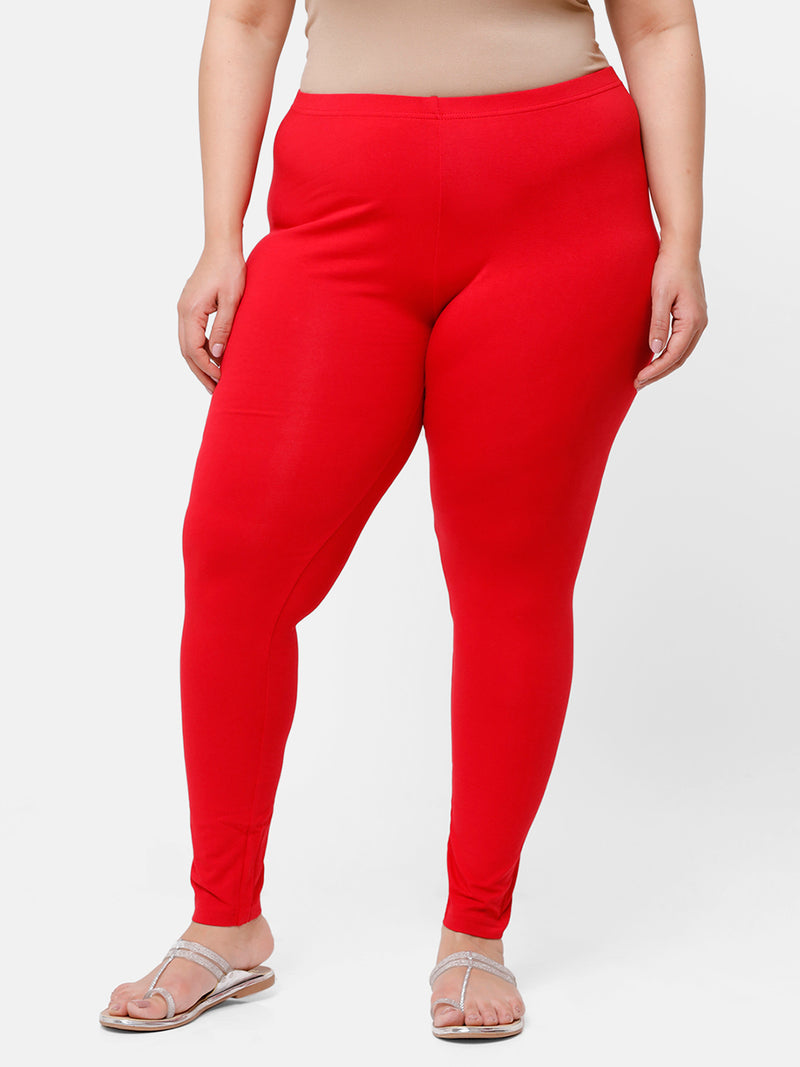 De Moza Ladies Plus Ankle Length Leggings Solid  Cotton True Red - De Moza