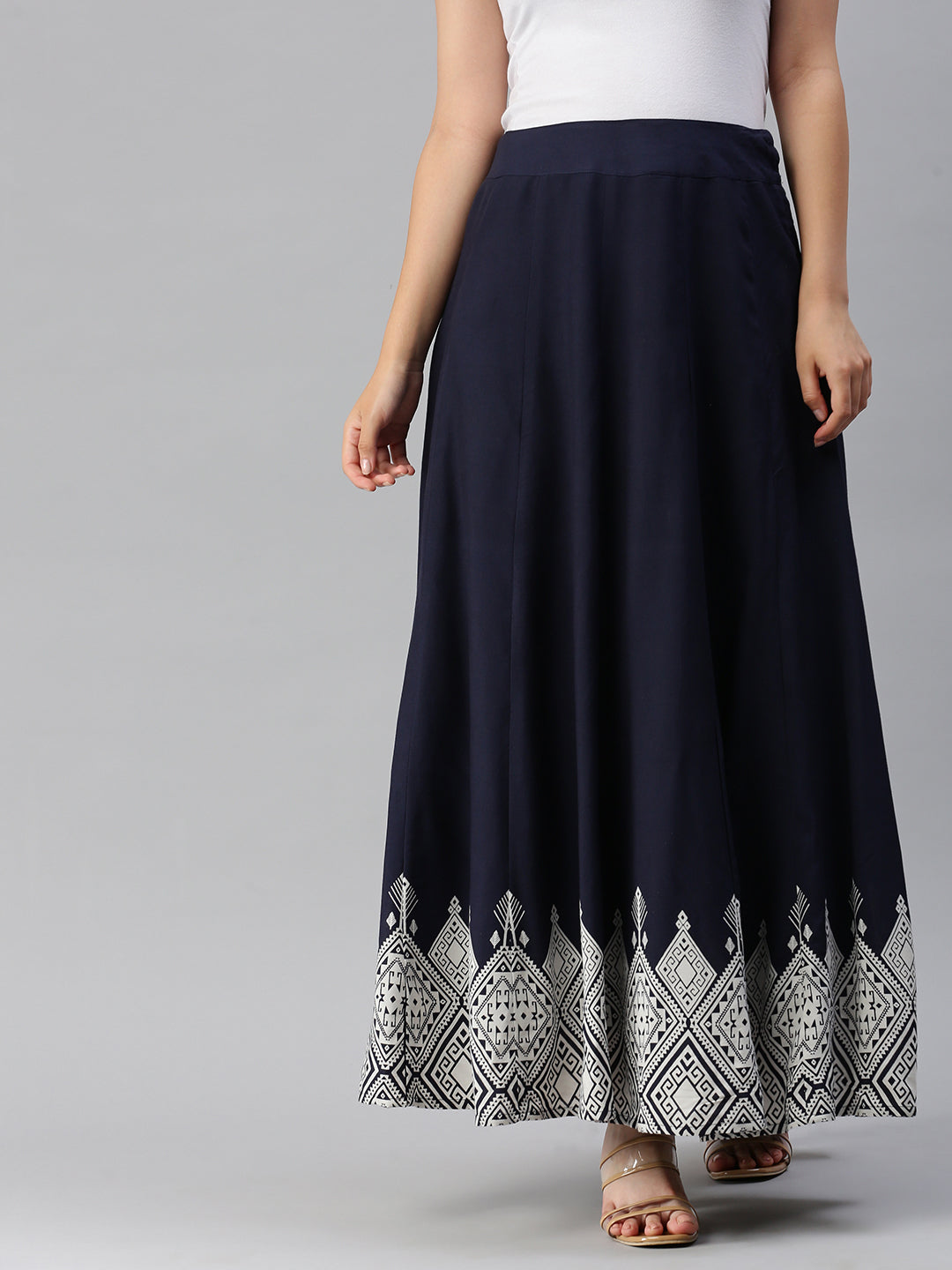De Moza Women's Printed Ethnic Skirt Rayon Navy Blue - De Moza