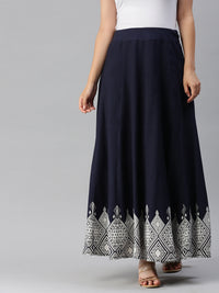 De Moza Women's Printed Ethnic Skirt Rayon Navy Blue - De Moza