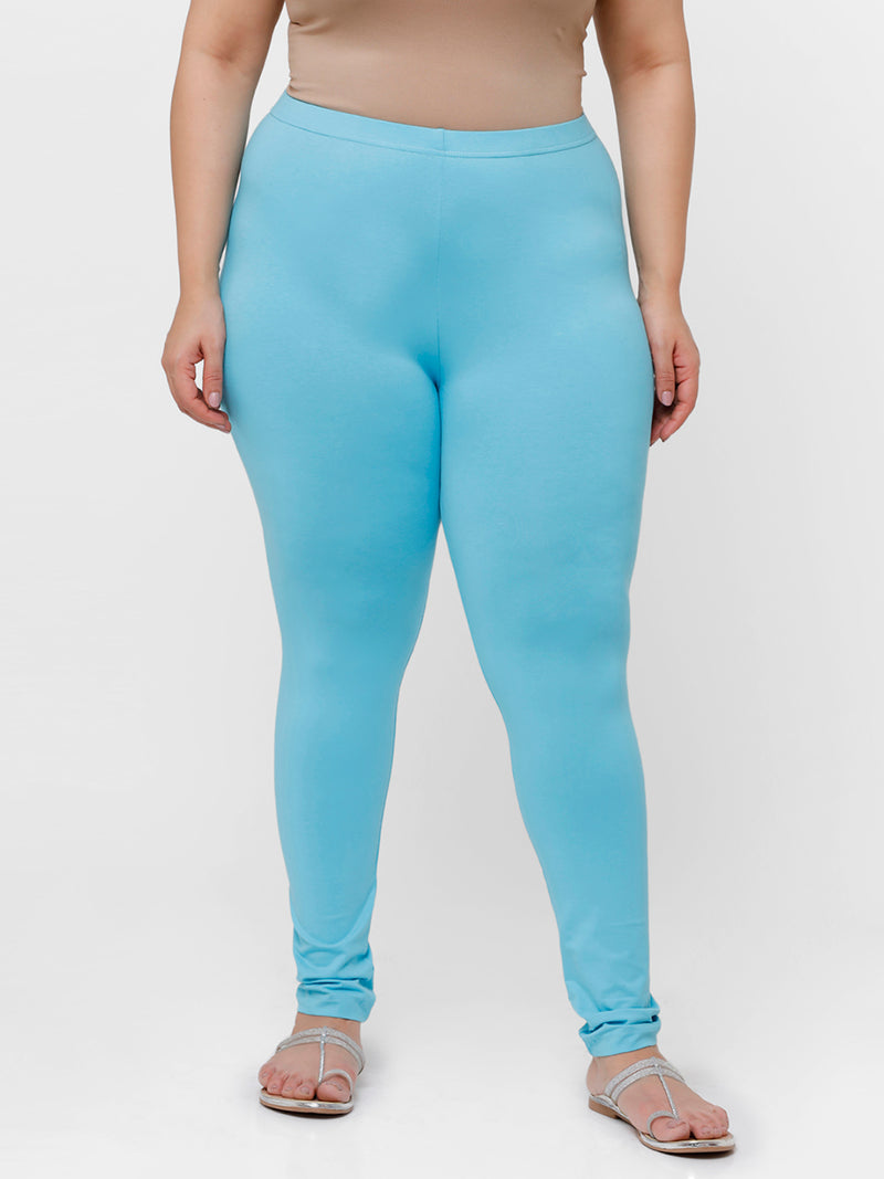 De Moza Ladies Plus Ankle Length Leggings Solid Cotton Sky Blue - De Moza