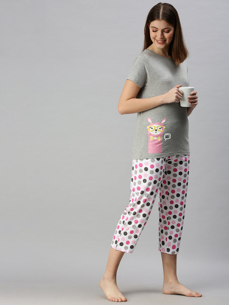 De Moza Ladies Printed Pyjama Set Grey Melange