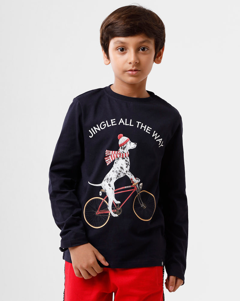 Kids - Boys Printed Full Sleeve T-Shirt Dark Navy Blue
