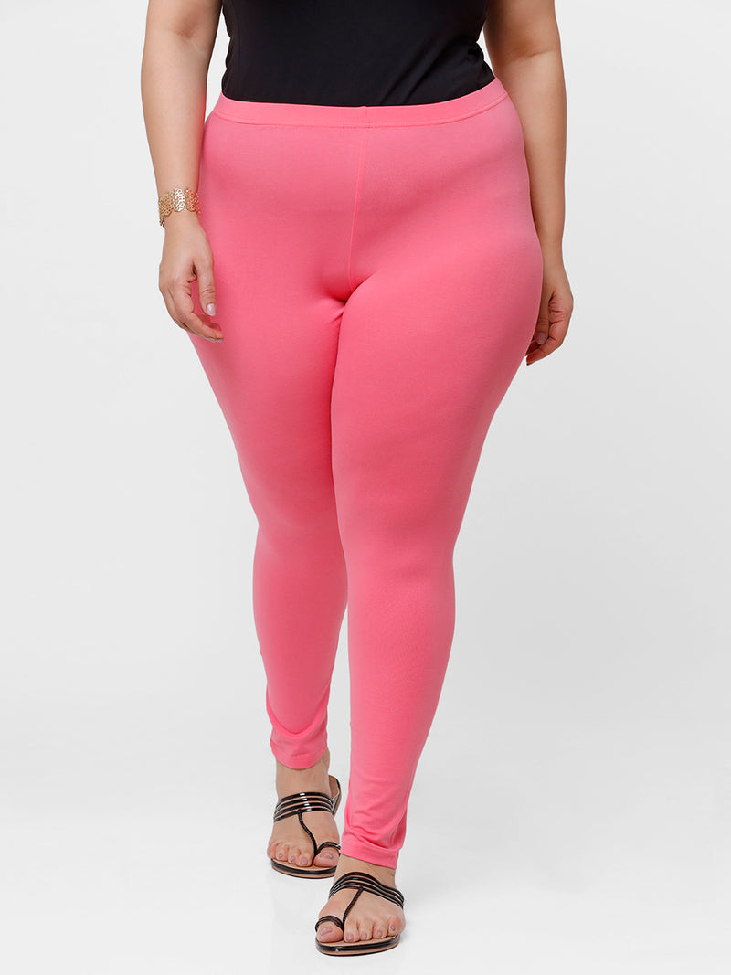 De Moza Ladies Plus Ankle Length Leggings Solid Cotton Rani Pink - De Moza