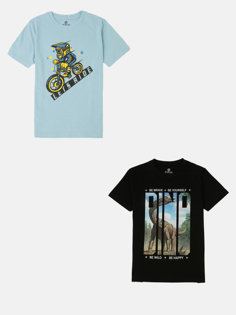 Pack of 2 Pipin Boys Printed T-shirts Black & Light Blue