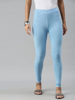 De Moza Ladies Ankle Length Leggings Solid Cotton Sea Blue - De Moza