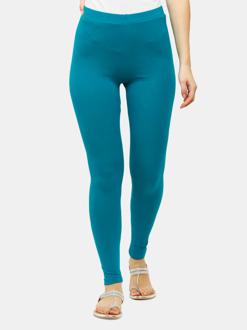 De Moza Ladies Leggings Ankle Length Solid Cotton Peacock Green - De Moza