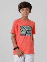 Kids - Boys Printed Half Sleeve T-Shirt Peach