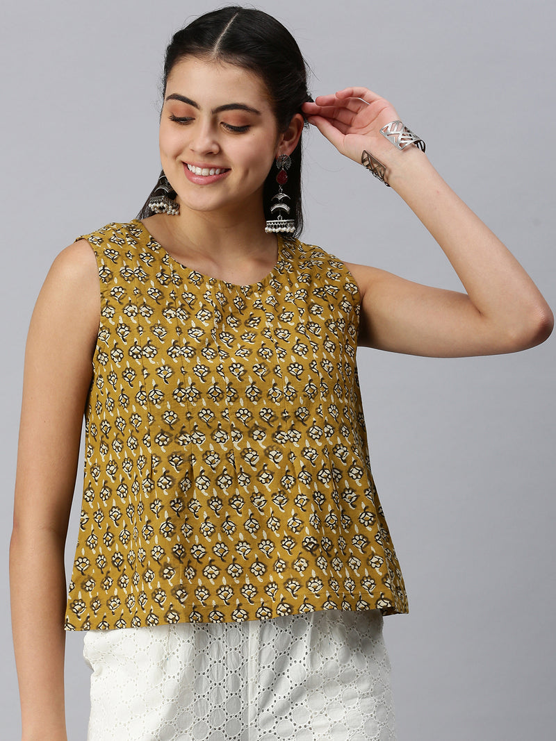 De Moza Womens Printed Peplum Top Cotton Mustard - De Moza