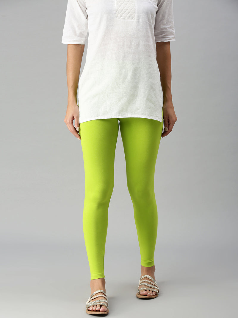 De Moza Women's Premium Ankle Length Leggings Solid Cotton Lime - De Moza