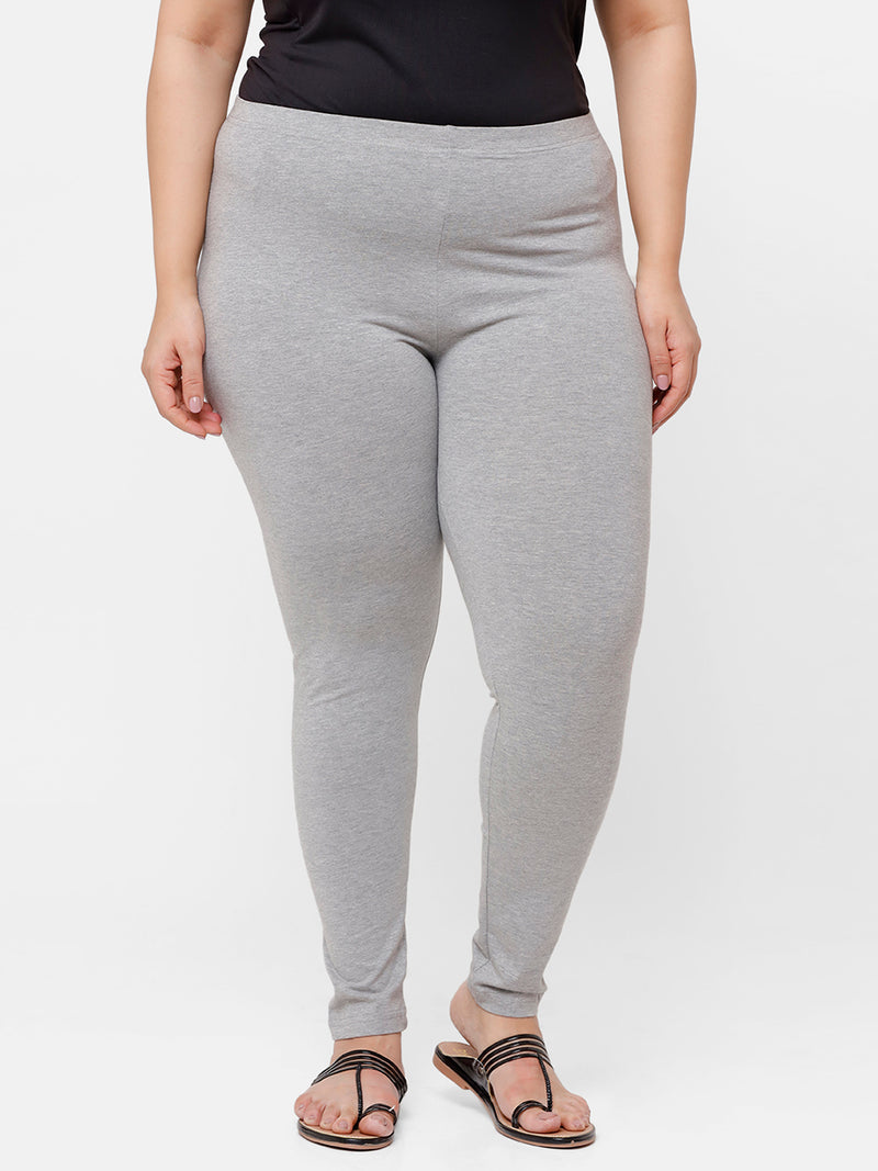 De Moza Ladies Plus Ankle Length Leggings Solid  Cotton Grey Melange - De Moza