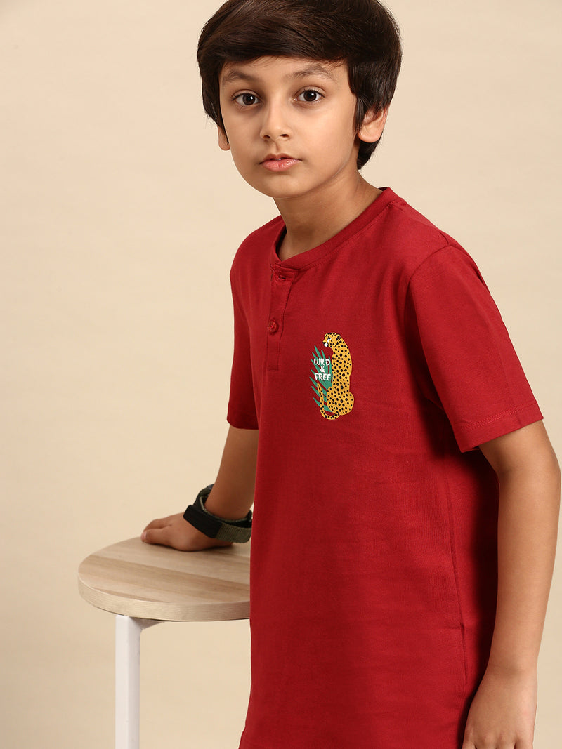 Kids - Boys Printed Half Sleeve T-Shirt Maroon
