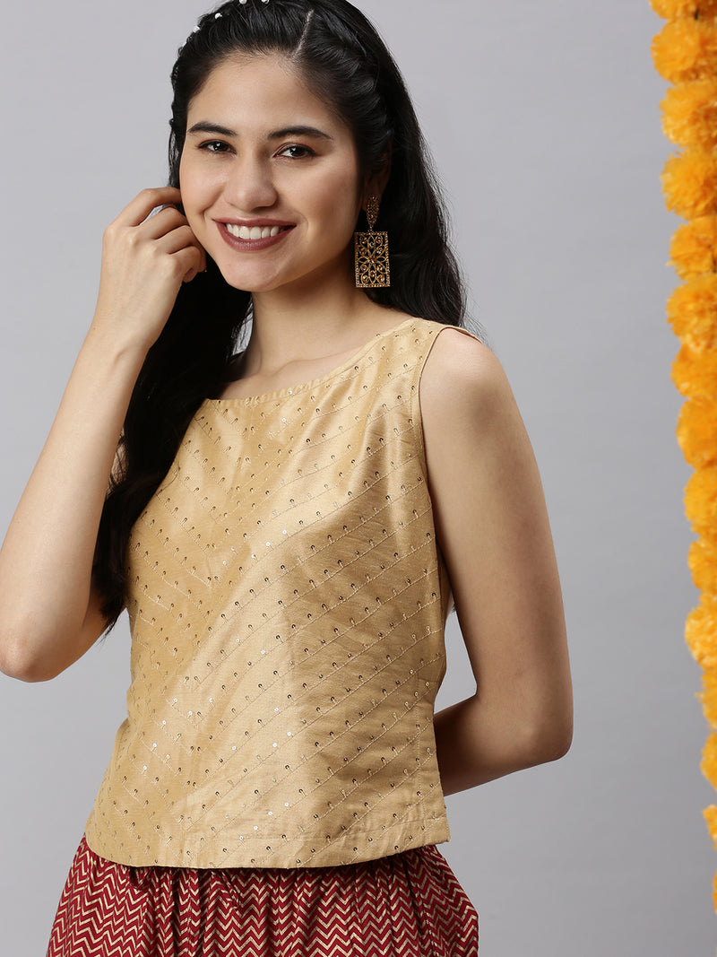De Moza Womens Sleeveless Crop Top Embroidery Viscose Gold - De Moza
