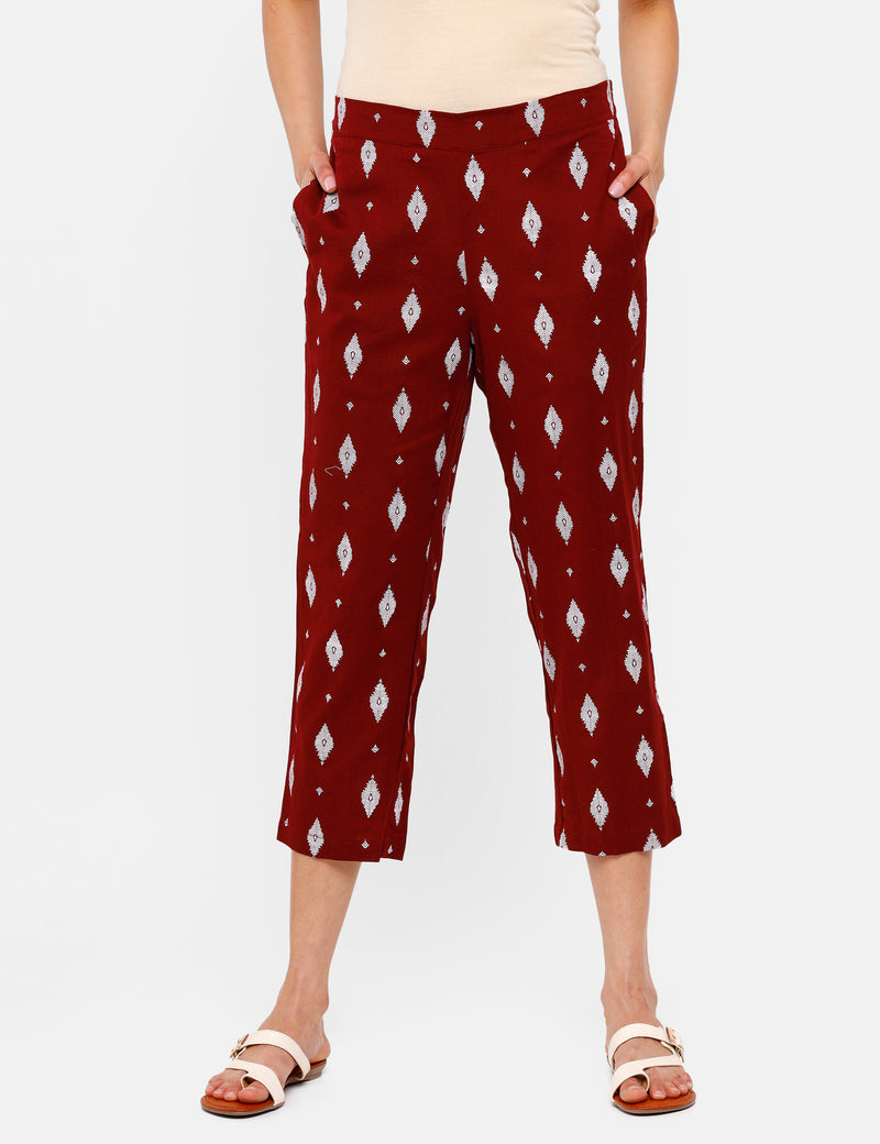 De Moza Ladies Printed Straight Pant Maroon