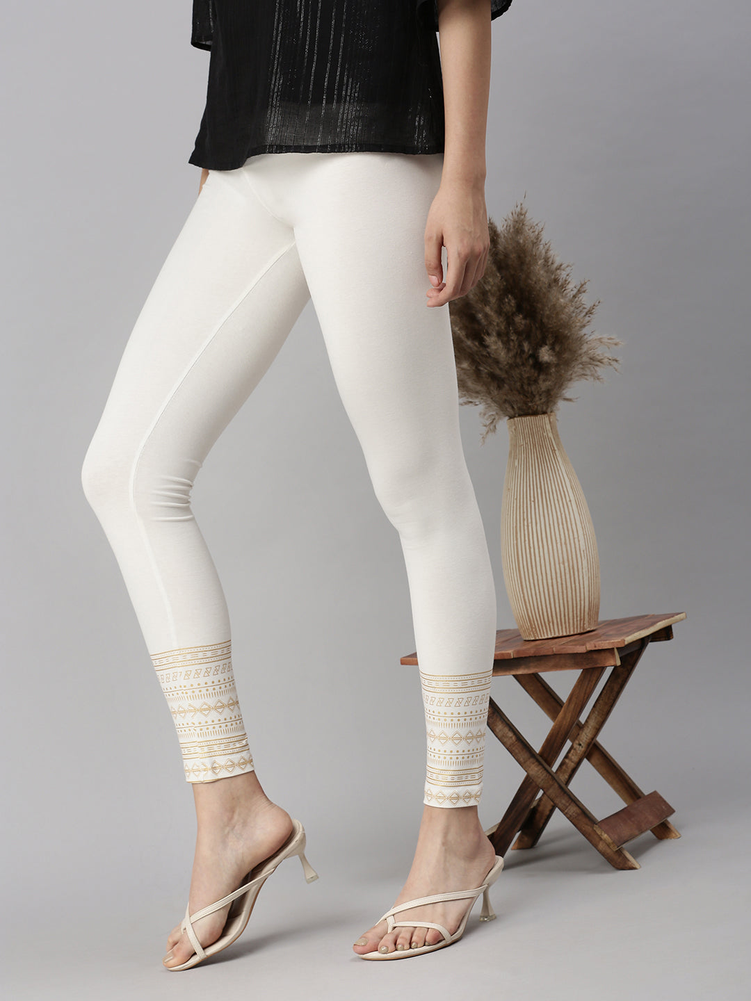 De Moza Womens Printed Ankle Leggings OffWhite