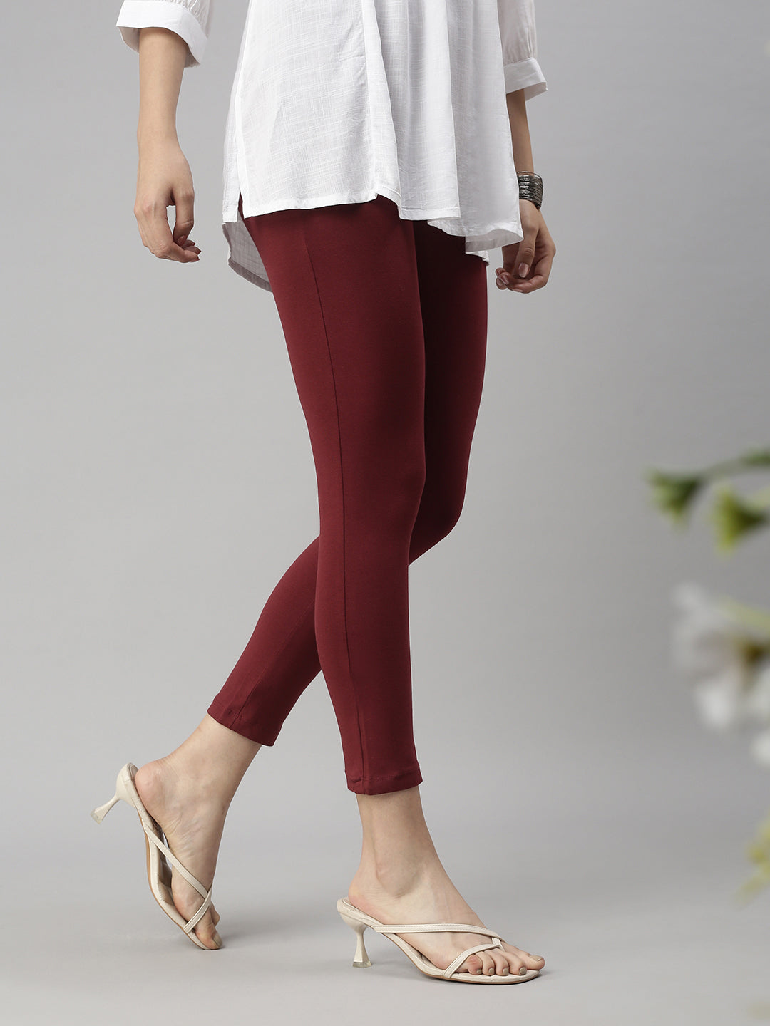 De Moza Womens 7/8Th Length Leggings Solid Cotton Maroon - De Moza