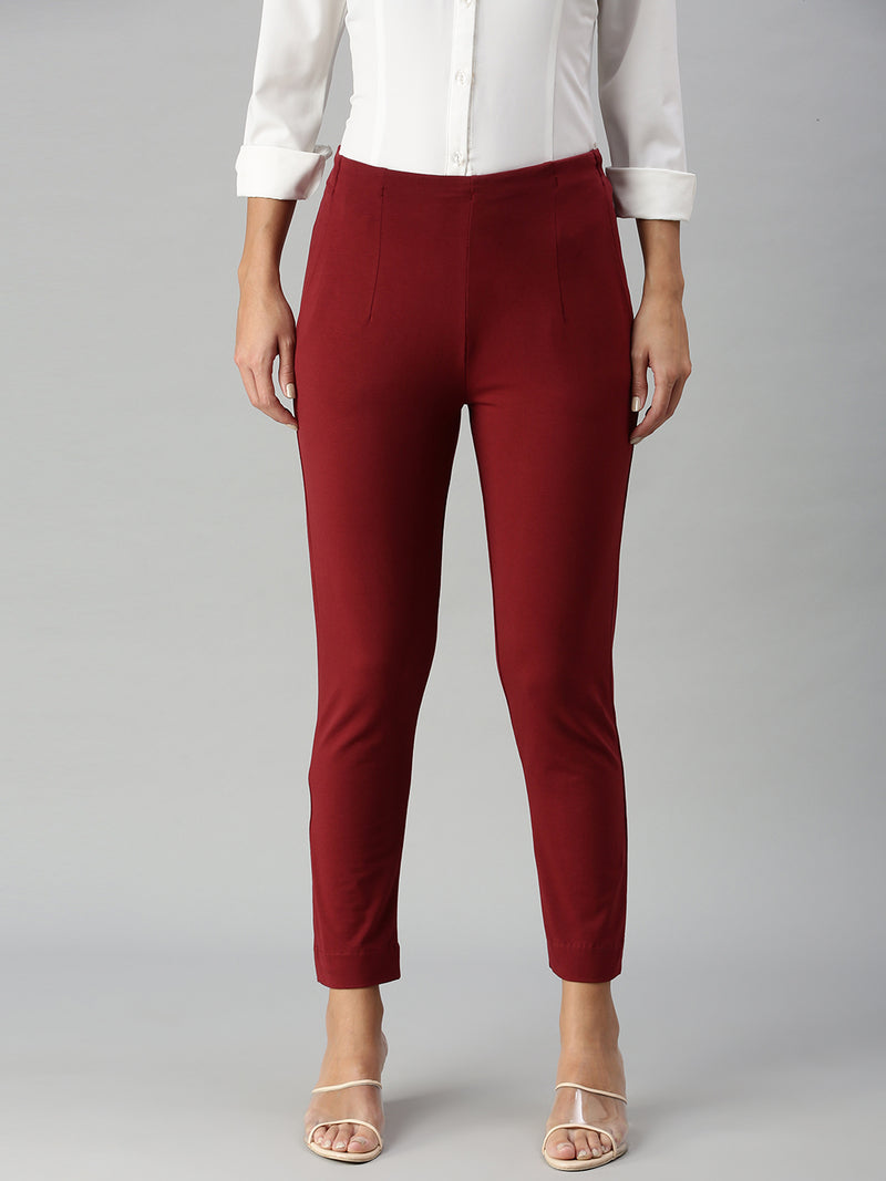 De Moza Ladies CigaDe Moza Women's Cigarette Pant Maroonrette Pant  Solid Cotton Maroon - De Moza