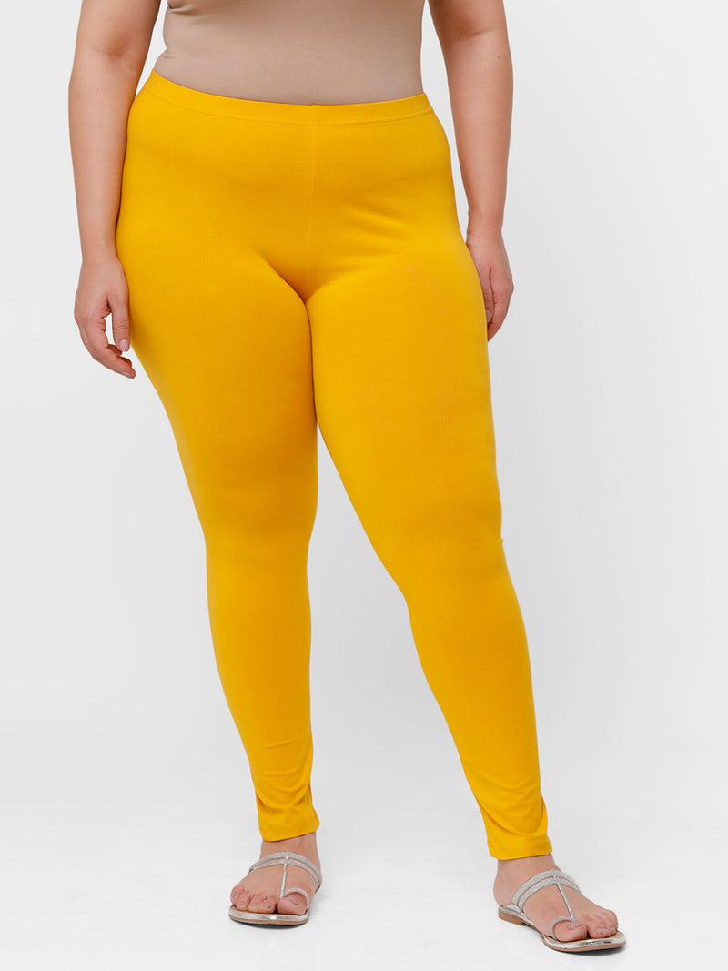 De Moza Ladies Plus Ankle Length Leggings Solid Cotton Mustard - De Moza