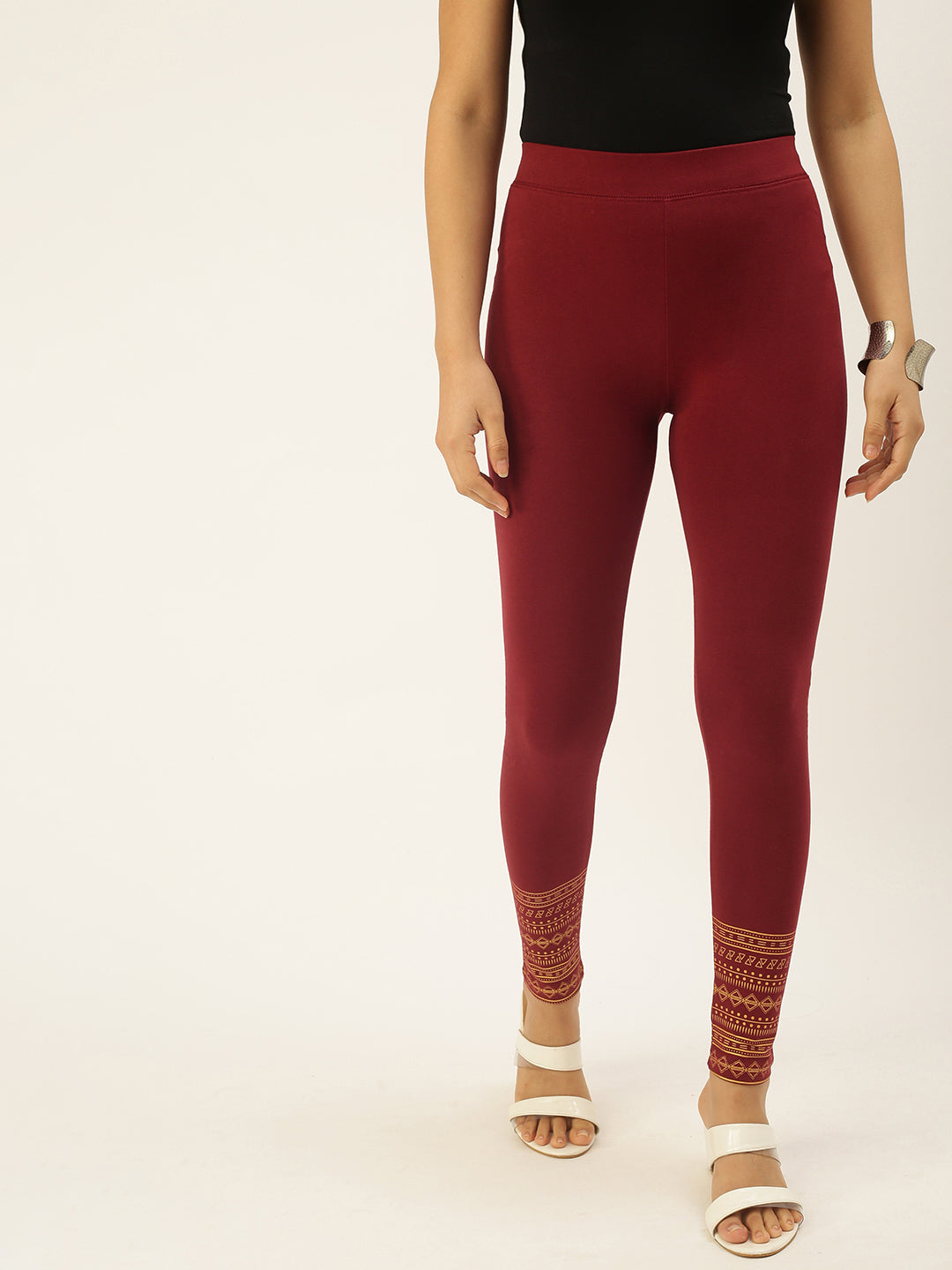 De Moza Womens Printed Ankle Leggings Maroon