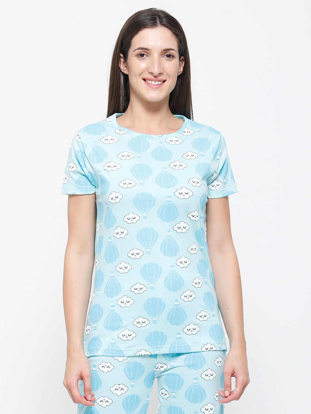 De Moza Ladies Printed Pyjama Set Light Blue  Pattern: All Over Print  Color: Light Blue  Rise: Mid    Fit: Regular Fit  Style: Lounge wear  Product Material: Cotton  The material is of a breathable quality to keep your relaxed. Comfiest fabric which is gentle on the skin, making it very comfortable to wear. Dress up in some fab fits that are so on trend.