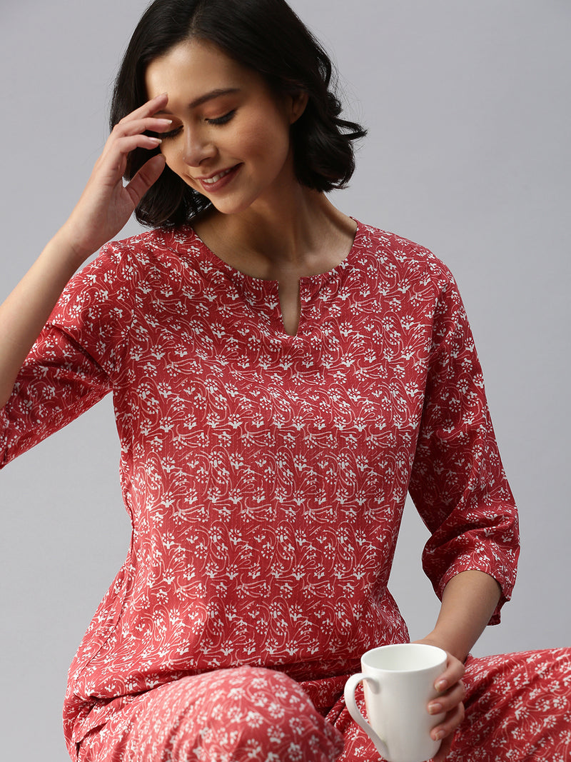 De Moza Ladies Printed Pyjama Set Dark Coral