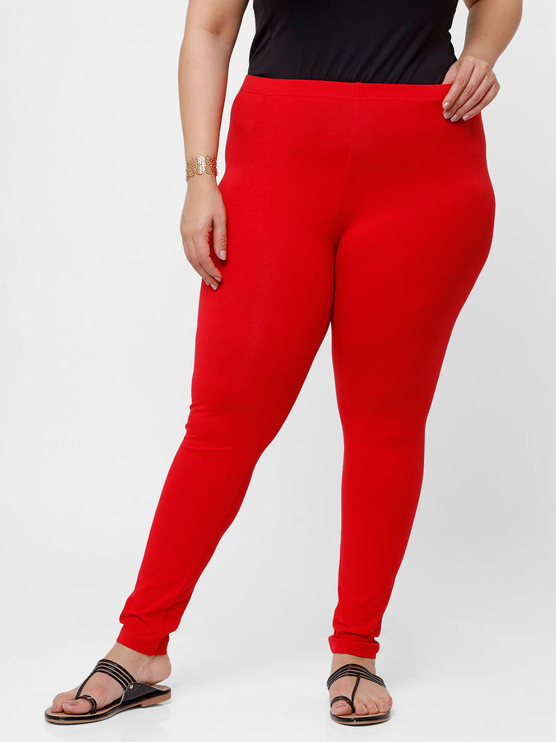 De Moza Ladies Plus Ankle Length Leggings Solid Cotton Red - De Moza