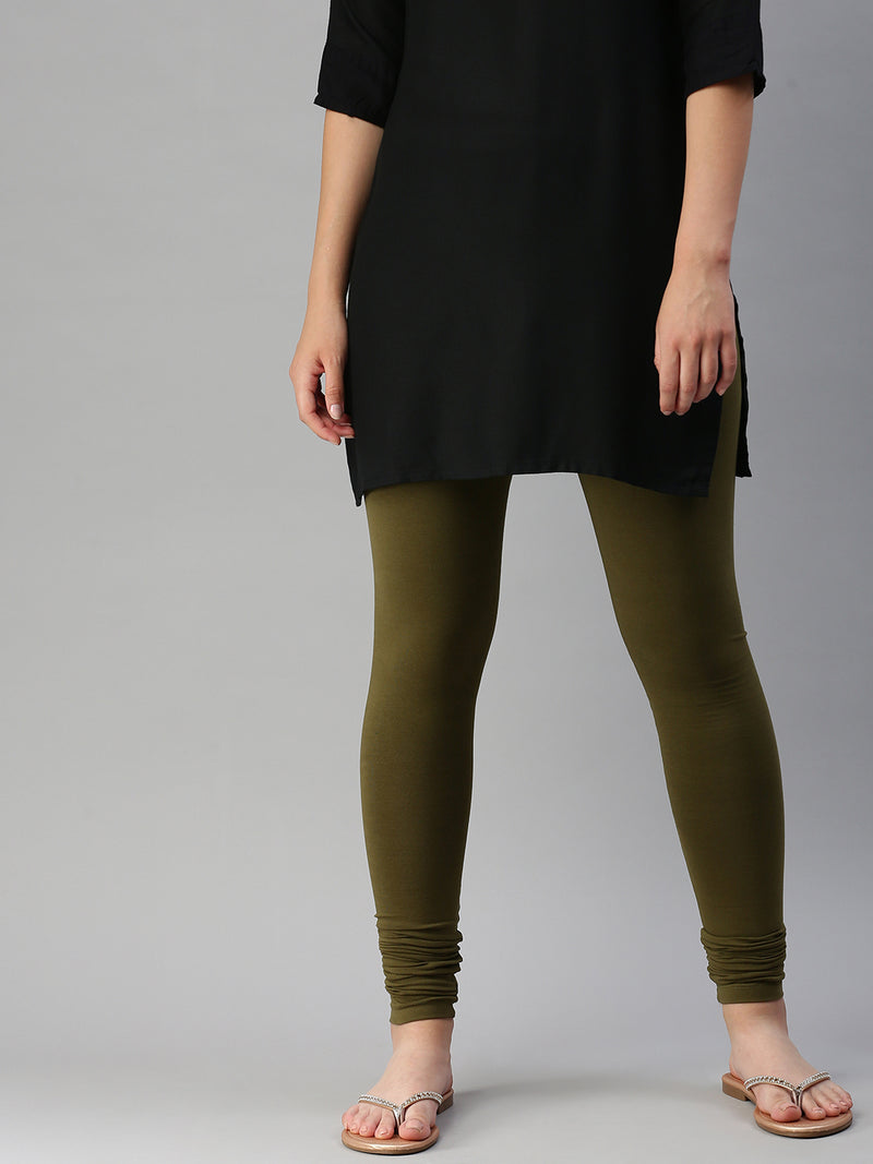 De Moza Women's Premium Churidhar Leggings Solid Cotton Olive Green - De Moza (6679540990015)