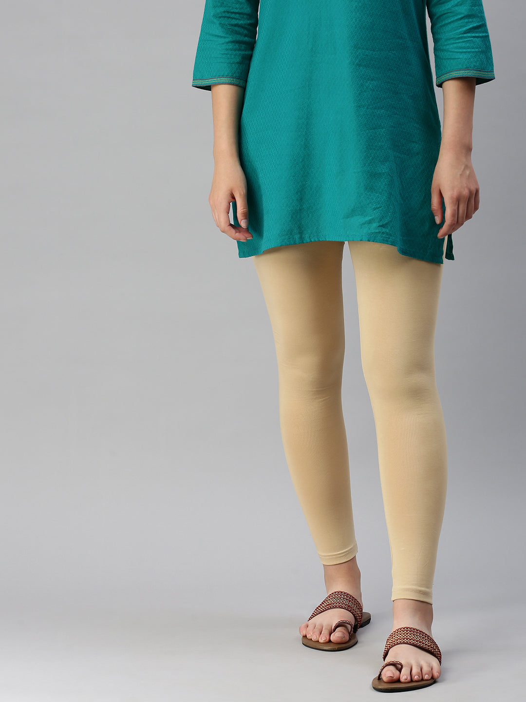 De Moza Women's Premium Ankle Length Leggings Solid Cotton Beige - De Moza (6679538827327)
