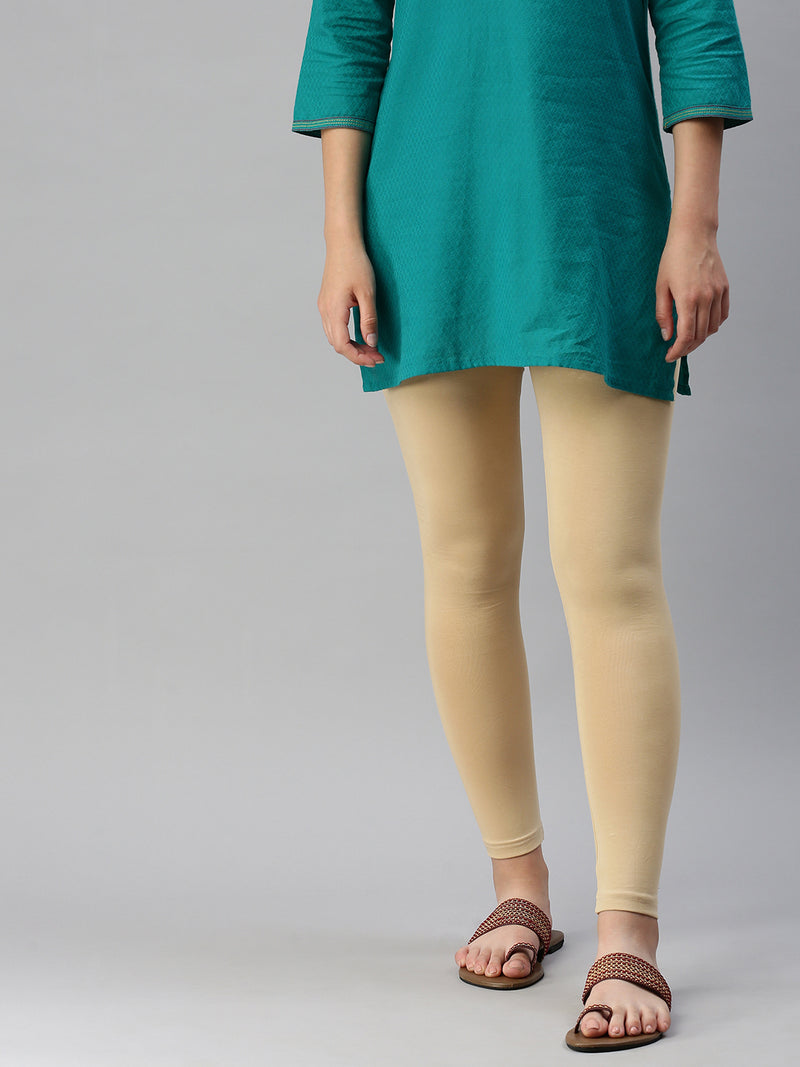 De Moza Women's Premium Ankle Length Leggings Solid Cotton Beige - De Moza (6679538827327)