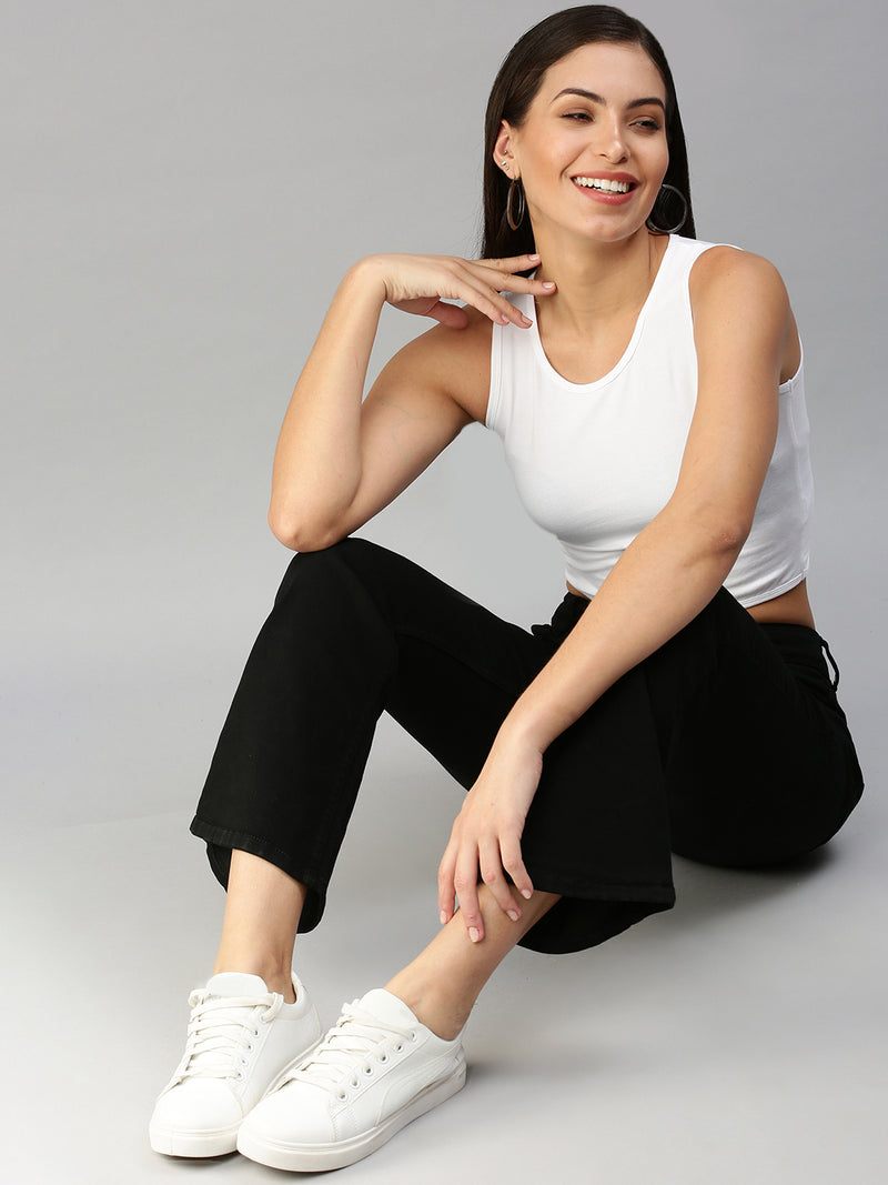 De Moza Womens S/L Crop Top Knit Top Solid Cotton White - De Moza