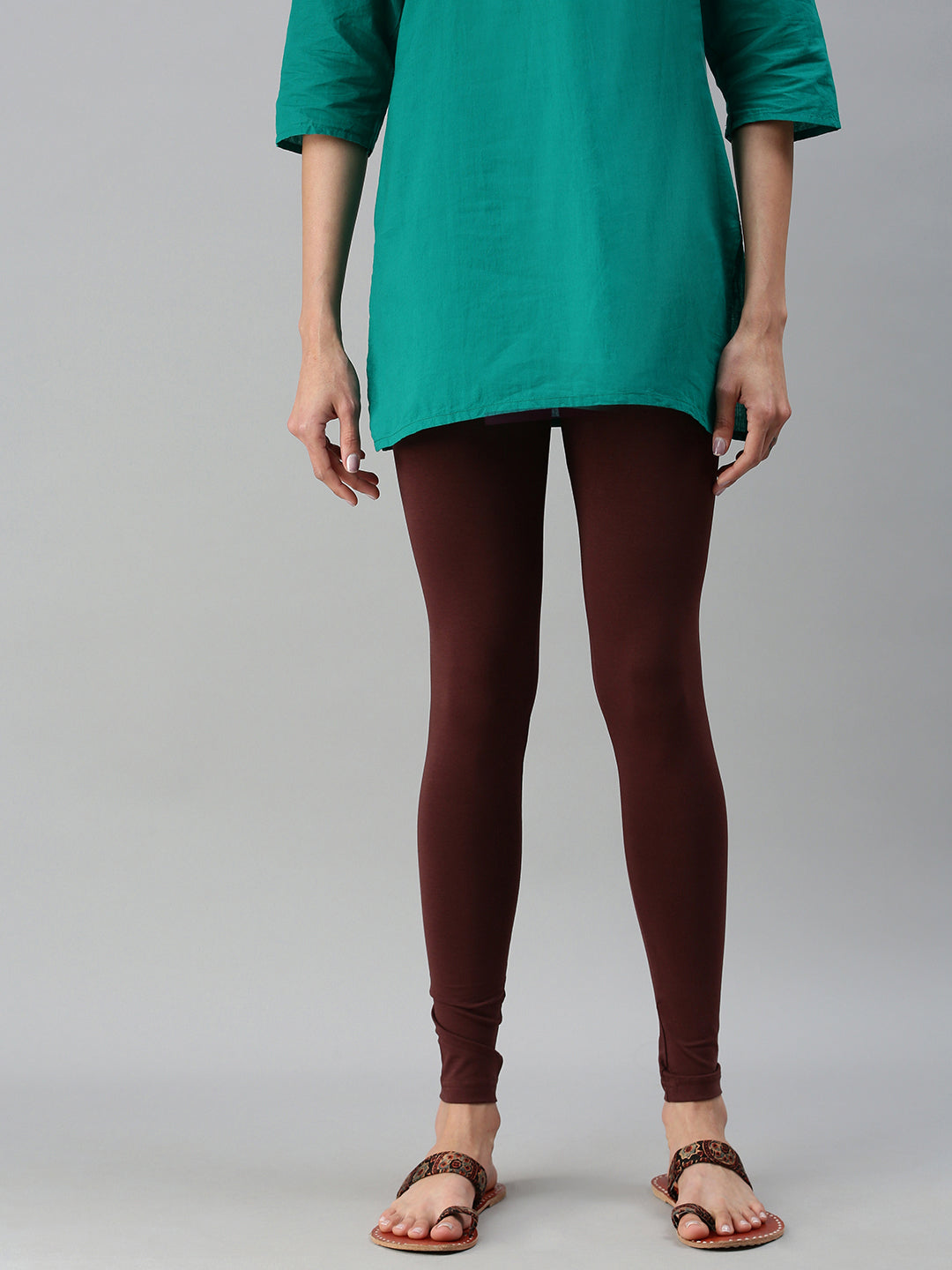 De Moza Ladies Ankle Length Leggings Solid Cotton Coffee Brown