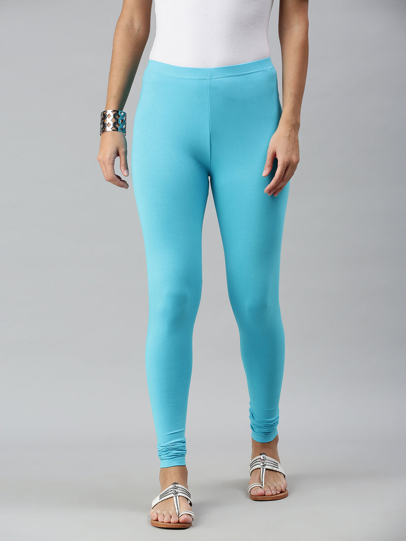 De Moza Ladies Churidar Leggings Solid Cotton Peacock Blue - De Moza