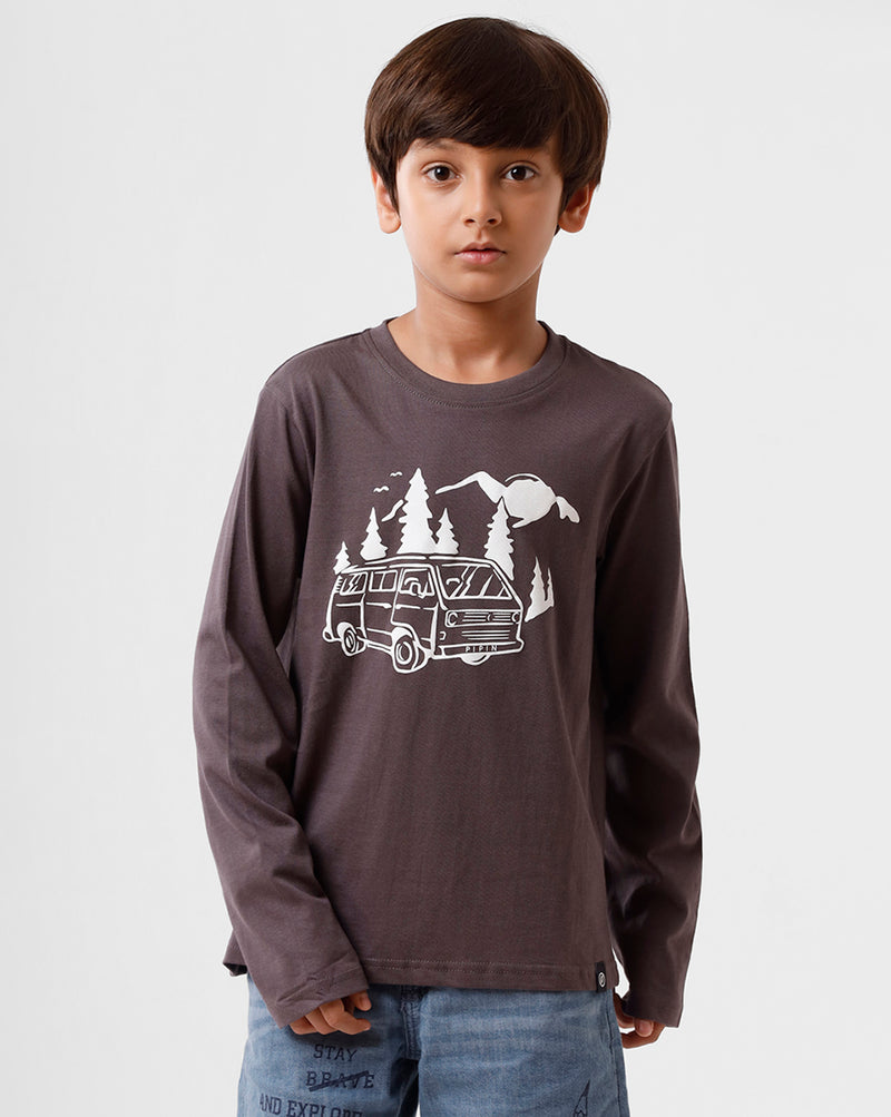 Kids - Boys Printed Full Sleeve T-Shirt Dark Grey
