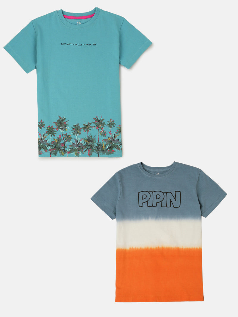 Pack of 2 Pipin Boys Printed T-shirts Orange & Blue