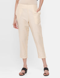 De Moza Ladies Straight Pant Solid Silk Beige - De Moza