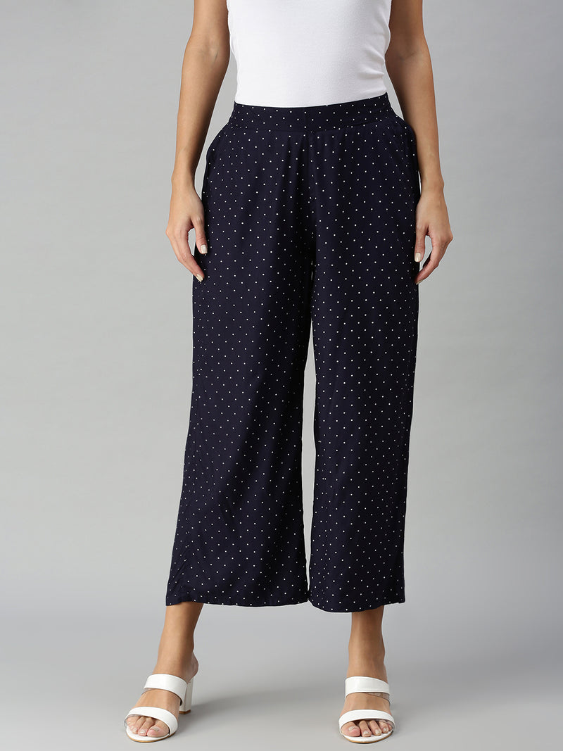 De Moza Ladies Printed Palazzo Rayon Navy Blue - De Moza
