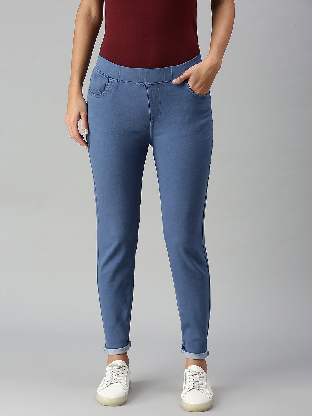 Buy Ladies Jegging Solid Cotton Navy Blue @ Best Price – De Moza