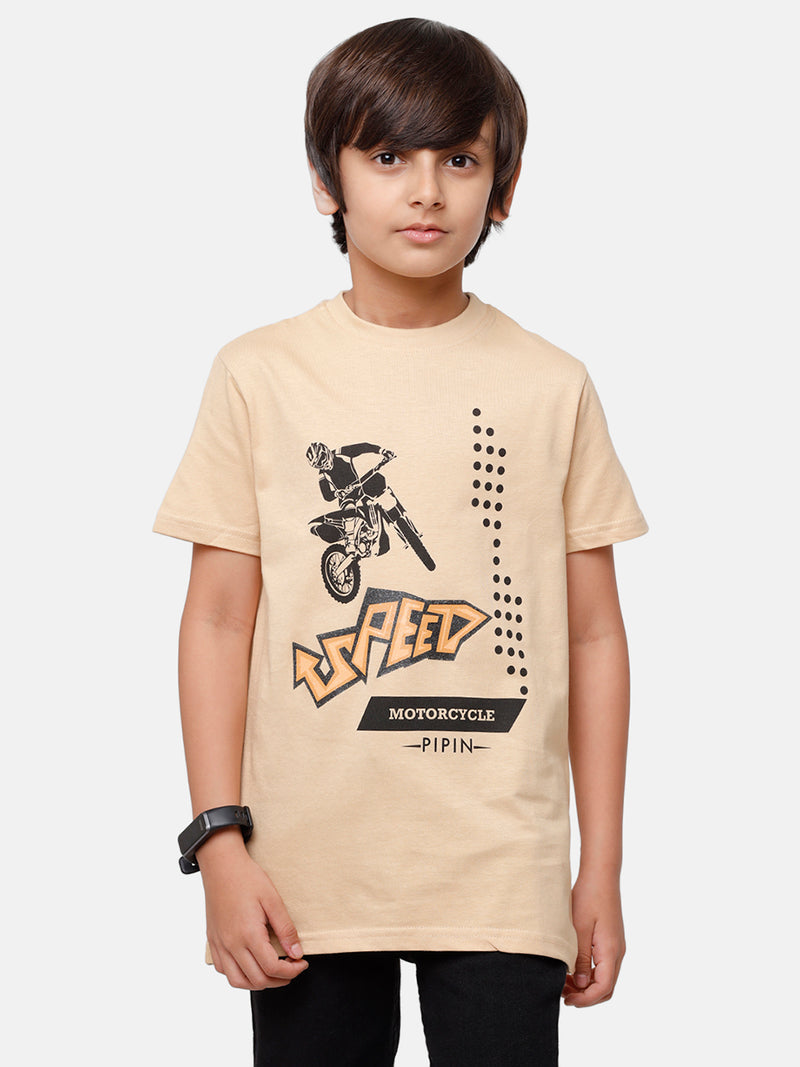 Kids - Boys Printed Half Sleeve T-Shirt Beige