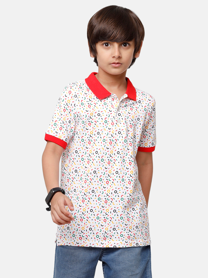 Kids - Boys Printed Half Sleeve T-Shirt White+Red