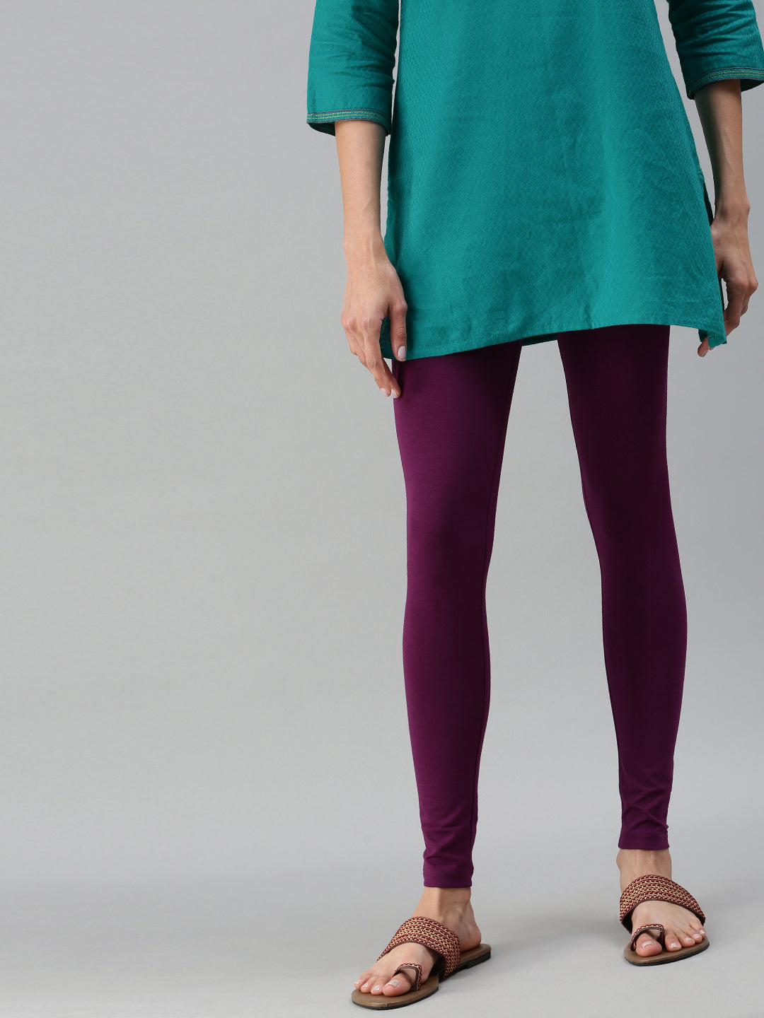 De Moza Ladies Ankle Length Leggings Solid Cotton Dark Purple - De Moza