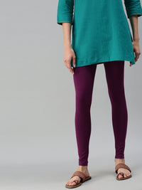 De Moza Ladies Ankle Length Leggings Solid Cotton Dark Purple - De Moza