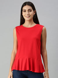 De Moza Ladies Peplum Top Solid Viscose Red - De Moza