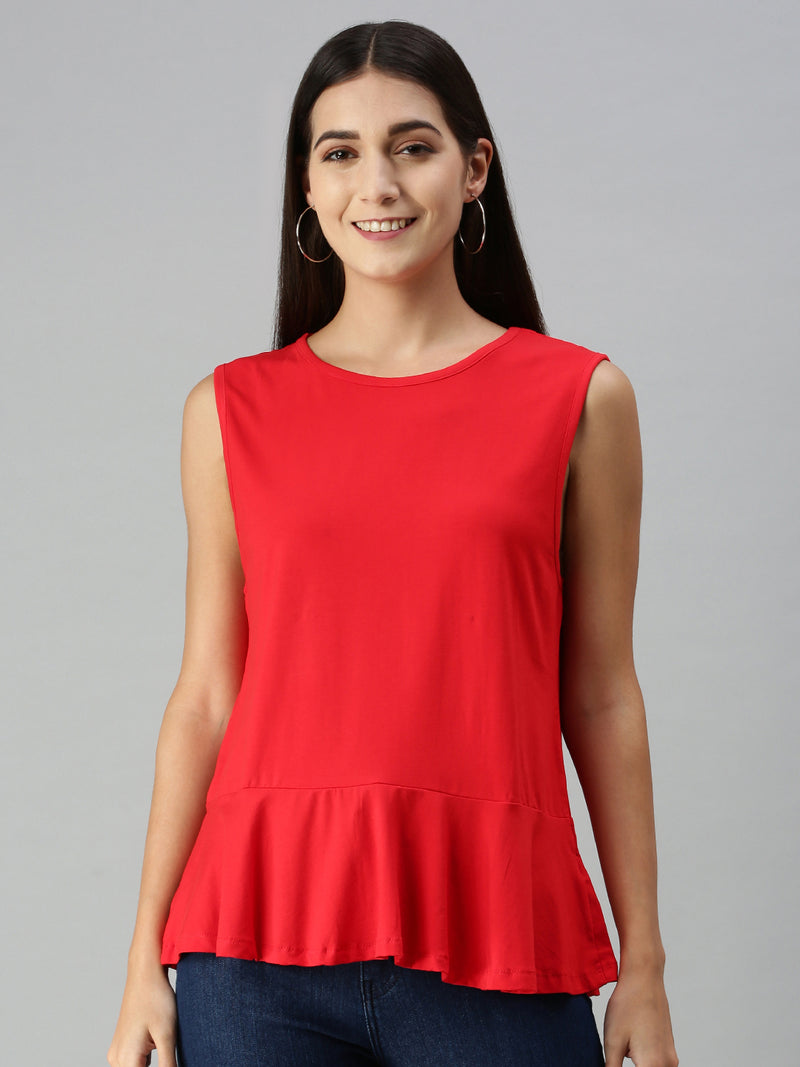 De Moza Ladies Peplum Top Solid Viscose Red - De Moza
