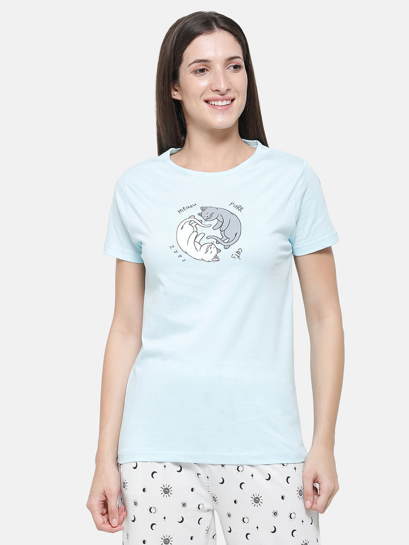 De Moza Ladies Printed Pyjama Tshirt Sky Blue
