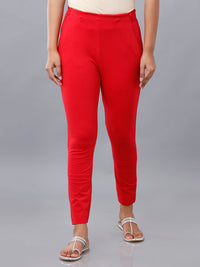 De Moza Womens Cigarette Pant Solid Cotton Red - De Moza